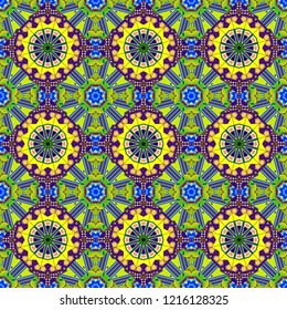 Seamless pattern in blue, yellow and violet colors. Ethnic motif. Vintage mosaics. Vector illustration.