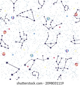 Seamless pattern of blue zodiac signs. Capricorn, Aries, Leo astrological symbols. Connected glowing stars on night sky map background.