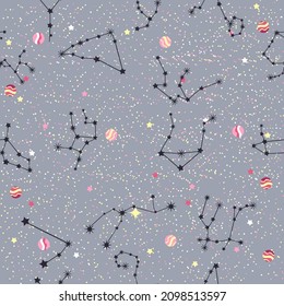 Seamless pattern of blue zodiac signs. Capricorn, Aries, Leo astrological symbols. Connected glowing stars on night sky map background.