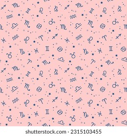 Seamless pattern of blue zodiac signs and stars on a pastel pink background. Vector illustration