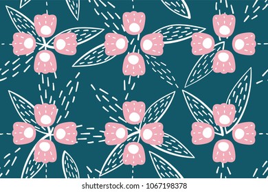 seamless pattern with bluebell, campanula naive style. Flowers stylized on dark blue background