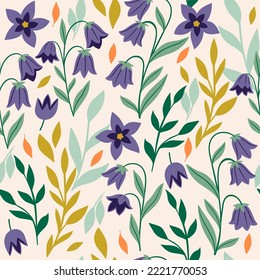 Seamless pattern with bluebell flowers and leaves. Vector graphics.