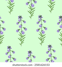 Seamless pattern of bluebell flowers on a light green background.Vector pattern for pastel linen, textiles, and backgrounds.