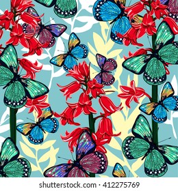 Seamless pattern with bluebells and flying butterflies, hand drawing. Vector illustration