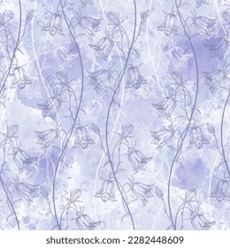 Seamless pattern with bluebells on lilac watercolor background. Vector illustration. Art floral background. Perfect for design templates, wallpaper, wrapping, fabric and textile.