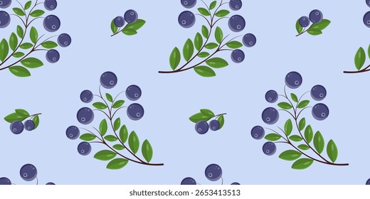 Padrão contínuo com mirtilos. Para fundos, têxteis, toalhas de mesa, cozinha, papéis de parede, roupa de cama, embalagem, bebidas. Imagem vetorial.