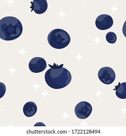 Seamless pattern with blueberries and geometric elements. Indigo and grey background. Beautiful vector seamless pattern with fresh blueberries.