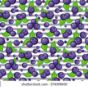 Seamless Pattern with Blueberries and Green Fresh Leaves on Striped Background. Berry Texture.