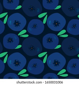 seamless pattern with blueberries and green leaves on a navy blue background. classic blue. Modern abstract design for paper, cover, fabric, interior decor