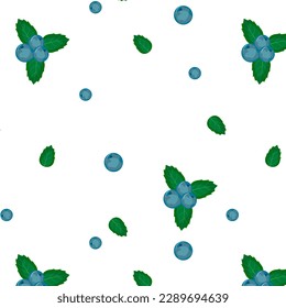 seamless pattern blueberries green leaves on white background