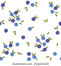 Seamless pattern of blueberries with green leaves. Ripe fresh raw berries. Sweet vitamin healthy nutrition. Simple cartoon style, flat vector illustration on white background