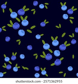 Seamless pattern of blueberries with green leaves. Ripe fresh raw berries. Sweet vitamin healthy nutrition. Simple cartoon style, flat vector illustration on dark background