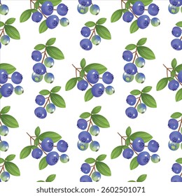 Seamless pattern of blueberries and green leaves. Blueberry sprigs for fabric, wallpaper, wrapping paper, etc.