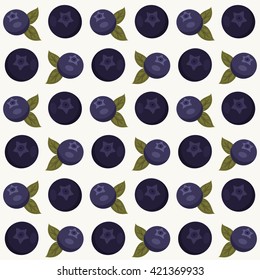 Seamless pattern with blueberries and green leaves on light gray background