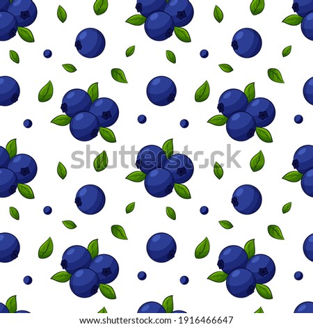 Seamless pattern with blueberries and leaves. Bright, blue, juicy, summery, fruity pattern. Color elements in the linear style are isolated without a background. For clothing design and food packaging