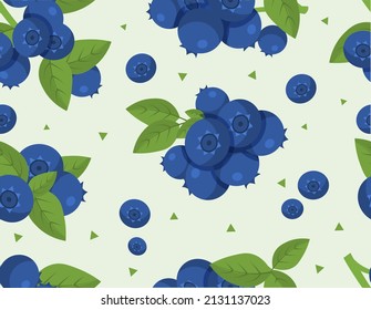 Seamless pattern with blueberries and leaves. Colorful summer template with realistic delicious berries. Design element for packaging, cafe menus and printing. Cartoon flat vector illustration