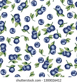 Seamless pattern with blueberries and leaves. Hand drawn vector on white background.