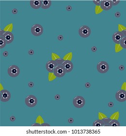 Seamless pattern with blueberries and leaves on blue background. Flat vector Illustration