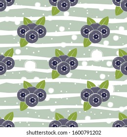 Seamless pattern with blueberries and leaves on dark background. Flat vector Illustration