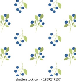 Seamless pattern with blueberries with leaves on white background. For prints, backgrounds, wrapping paper, textile, wallpaper, etc. 