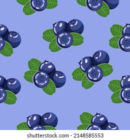 Seamless pattern of blueberries with leaves on a blue background.Vector pattern can be used in textiles, food packaging.