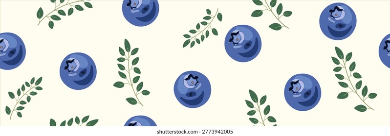 Seamless pattern with blueberries and leaves on light background, fresh organic design for textile and packaging.
