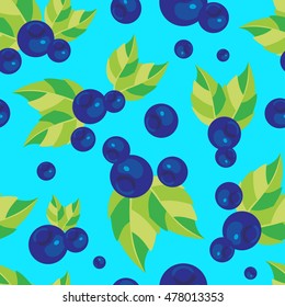 Seamless pattern with blueberries and leaves on a blue background.