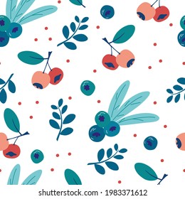 Nahtloses Muster mit Heidelbeeren und Blättern. Reife wilde Beeren, Hintergrund. Endlose Textur für Küchenhintergründe, Textilien, Gewebe, Papier. Lebensmittelhintergrund. Sommerzeit. Gesunde Früchte und Beeren.