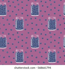 Seamless pattern with blueberries in mason jars. Natural fresh ripe tasty blueberries. Seamless background.  Vector illustration, eps. For backgrounds, packaging, textile and various other designs.