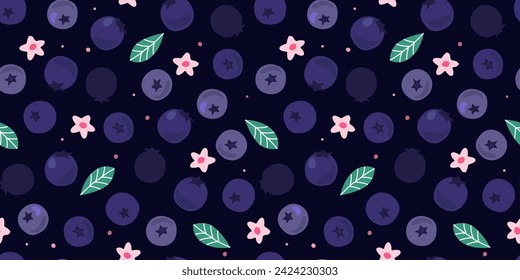 Seamless pattern with blueberries. Purple abstract berries on a background of leaves, flowers. Vector graphics.