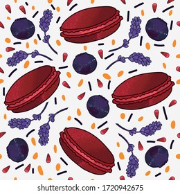 Seamless pattern with blueberries, red macaroons, lavander flowers, chocolate chips and pomegranate seeds on white background