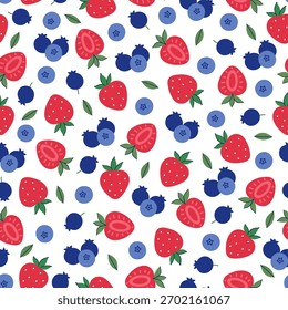 Seamless pattern with blueberries and strawberries on a white background. Vector graphics.