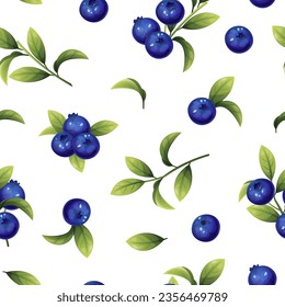 Seamless pattern of blueberries. Texture of blue berries and leaves. Blueberry sprigs for fabric, wallpaper, wrapping paper, etc.