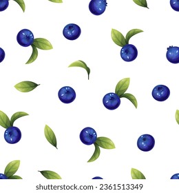 Seamless pattern of blueberries. Texture of blue berries and leaves. Blueberry sprigs for fabric, wallpaper, wrapping paper, etc.