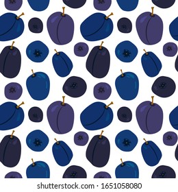 seamless pattern with blueberries, whortleberry and plums on a white background. Modern abstract design for paper, cover, fabric, interior decor