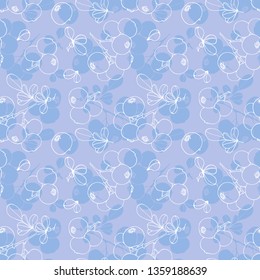 Seamless pattern. The pattern with the blueberries.Silhouettes and contours of berries, branches and leaves of blueberries. For design and decoration.