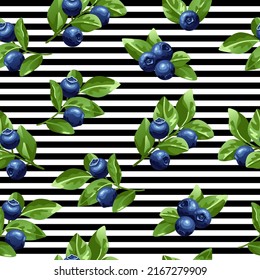 Seamless pattern of blueberry berries on the background of stripes. Vector graphics.