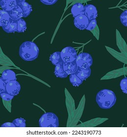 Seamless pattern of blueberry berries. Summer fruit berry ornament. Cartoon flat vector illustration. Fresh abstract design.