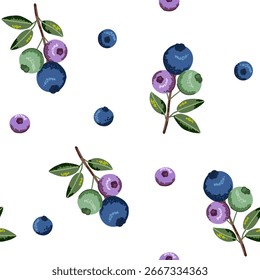 Seamless pattern of blueberry branch in flat style. Bilberry fabric print