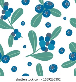Seamless pattern with blueberry branches, leaves. Organic healthy food background. Summer floral texture for kitchen, cafe, restaurant textile, paper. Hand drawn flat vector. Detox superfood product