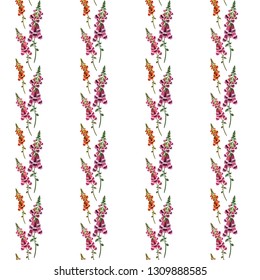 Seamless pattern. Blueberry bushes, different plants. Bouquets of wild flowers. Flower meadow. Hand drawn illustration
