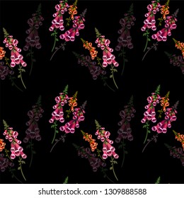  Nahtloses Muster. Blaubeerbüsche, verschiedene Pflanzen. Blumenstrauß. Blumenwiese. Handgezeichnete Illustration