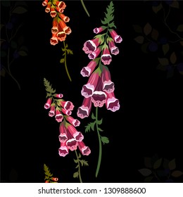 Seamless pattern. Blueberry bushes, different plants. Bouquets of wild flowers. Flower meadow. Hand drawn illustration