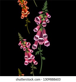 Seamless pattern. Blueberry bushes, different plants. Bouquets of wild flowers. Flower meadow. Hand drawn illustration