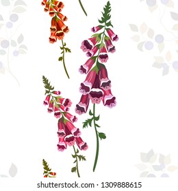 Seamless pattern. Blueberry bushes, different plants. Bouquets of wild flowers. Flower meadow. Hand drawn illustration