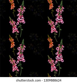 Seamless pattern. Blueberry bushes, different plants. Bouquets of wild flowers. Flower meadow. Hand drawn illustration