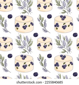 Seamless pattern with blueberry cheesecake and lavender branches. Vector illustration