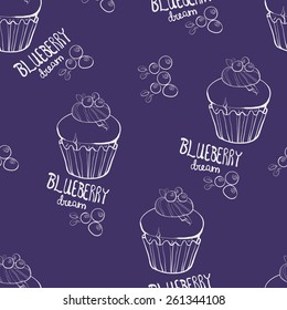 Seamless pattern with blueberry cupcake