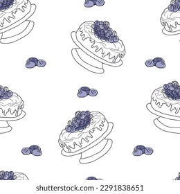 Nahtloses Muster mit Blaubeerdessert. Doodle handgezeichnete Blaubeertorte mit Sahne und Beeren auf einem Kuchenständer auf einem nahtlosen Muster auf weißem Hintergrund