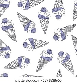 Patrón sin mar con postre de arándanos. Helado de arándano dibujado a mano en un cono con una baya en un patrón ininterrumpido sobre un fondo blanco